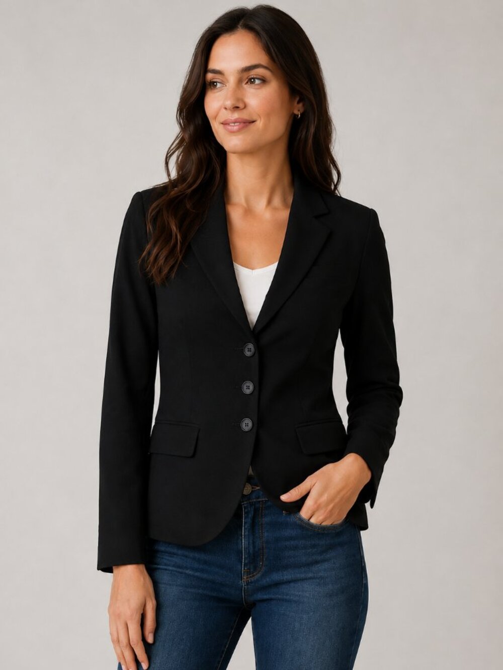 United Colors of Benetton Black Wool Blend Stretch Blazer 3 Button Career Jacket